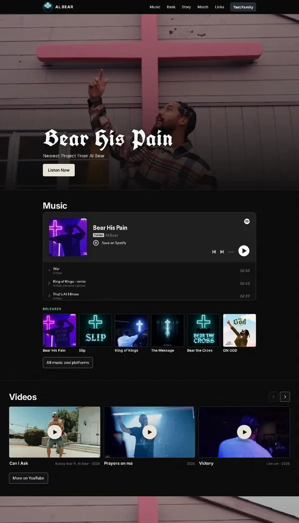 Al Bear artist website with a musician portrait and release information