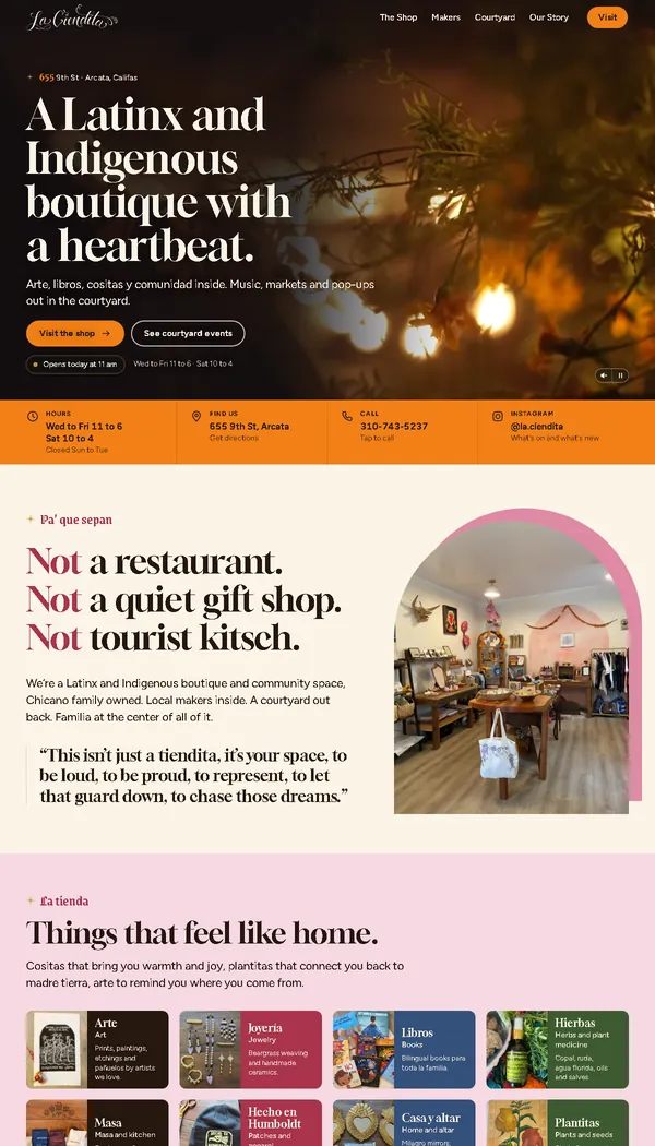 La Ciendita homepage: a Latinx and Indigenous boutique with a heartbeat, with hours, address and phone
