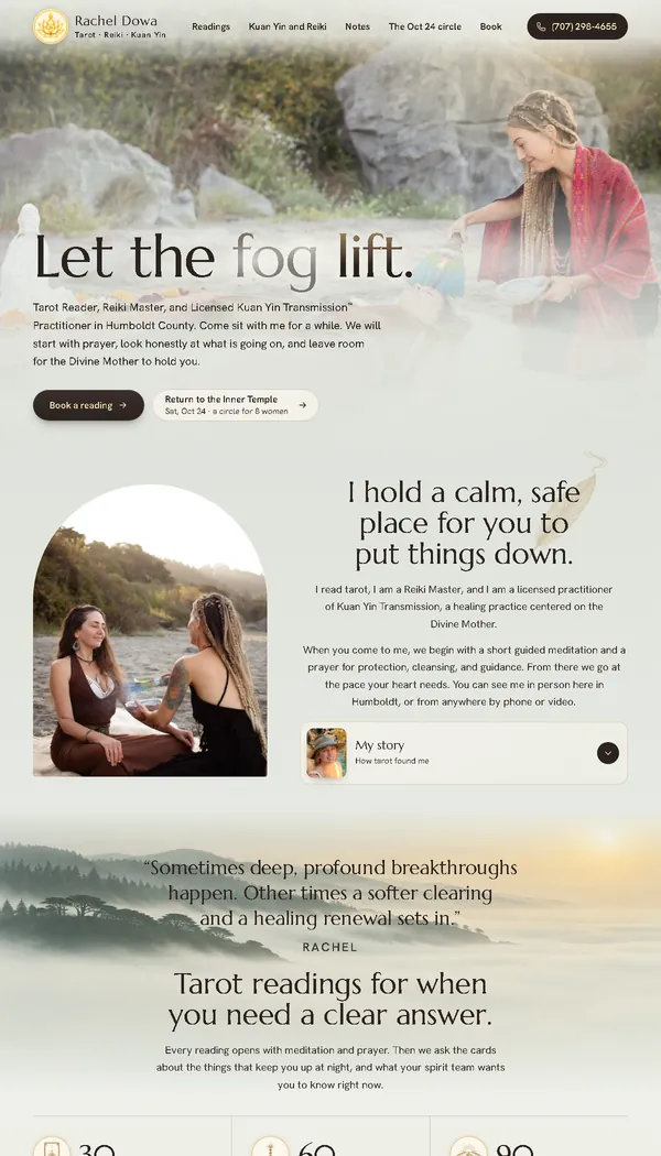 Rachel Dowa homepage with her portrait by the water and a Book a reading button